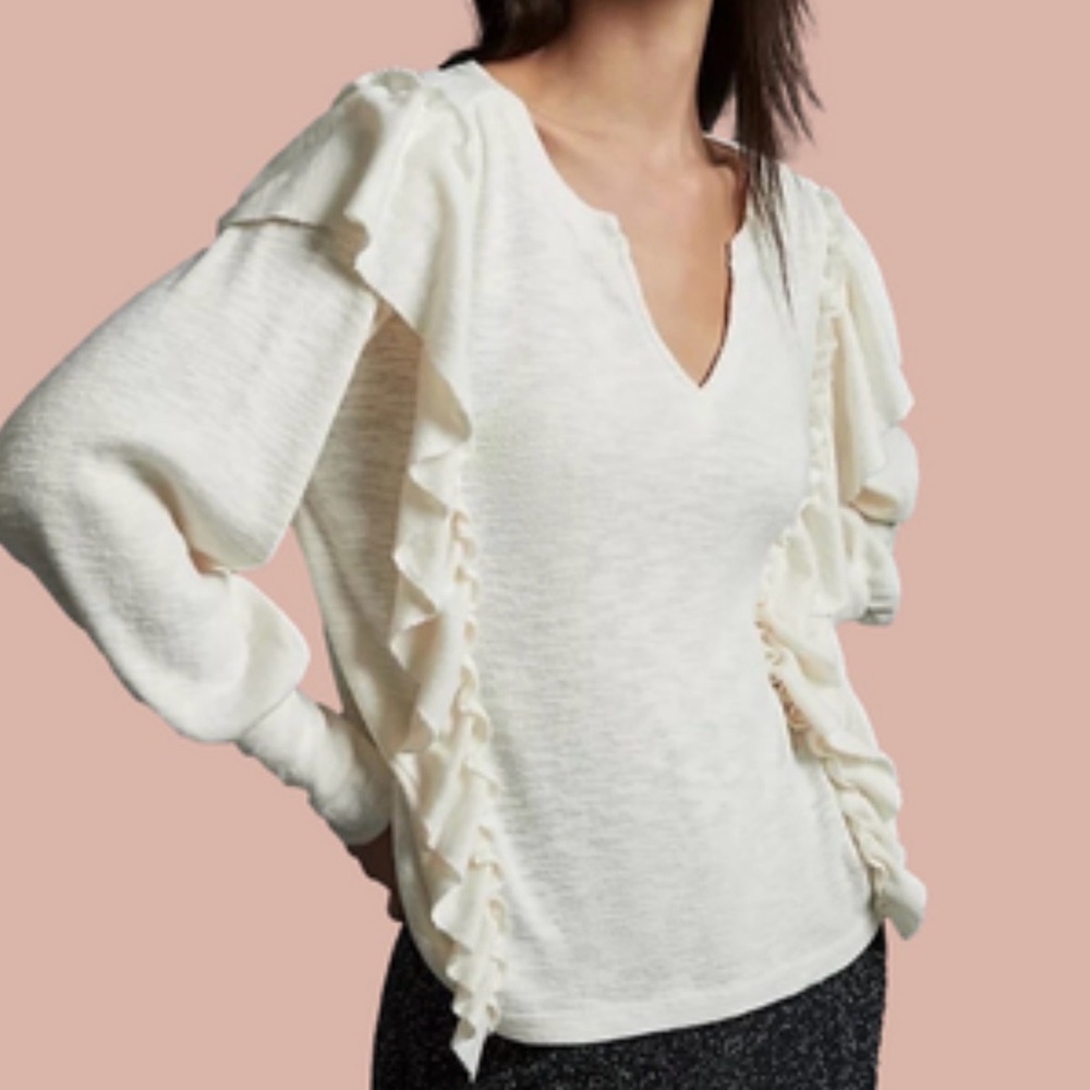 Pilcro Cozy Popover Ruffle Top Lightweight Oversized Sweater V Neck  Size S
